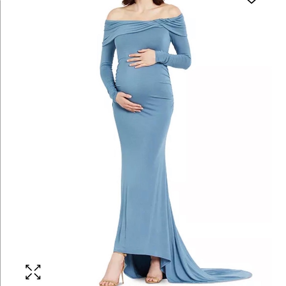 Motherhood Maternity off the shoulder blue photoshoot floor length gown, size 1X